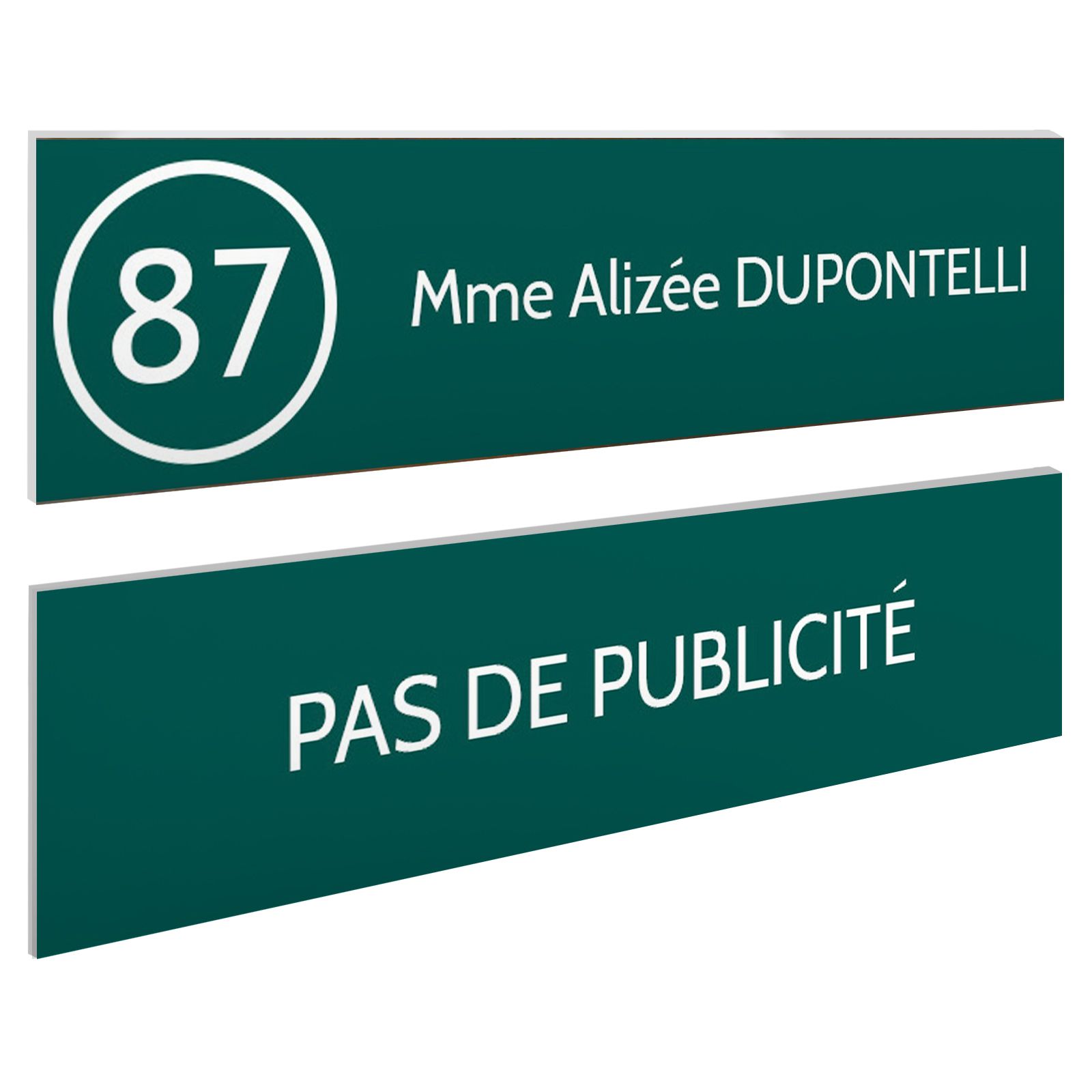 Plaque nom et numéro + Plaque Stop Pub pour boite aux lettres format 100x25mm vert foncé lettres blanches - 1 ligne