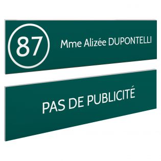 Plaque nom et numéro + Plaque Stop Pub pour boite aux lettres format 100x25mm vert foncé lettres blanches - 1 ligne