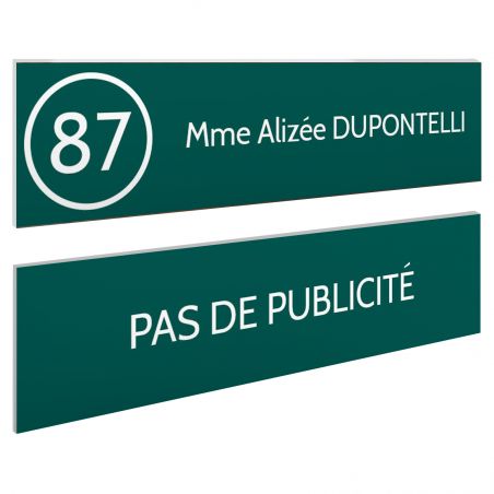 Plaque nom et numéro + Plaque Stop Pub pour boite aux lettres format 100x25mm vert foncé lettres blanches - 1 ligne