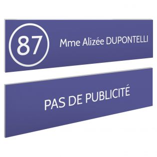 Plaque nom et numéro + Plaque Stop Pub pour boite aux lettres format 100x25mm violette lettres blanches - 1 ligne