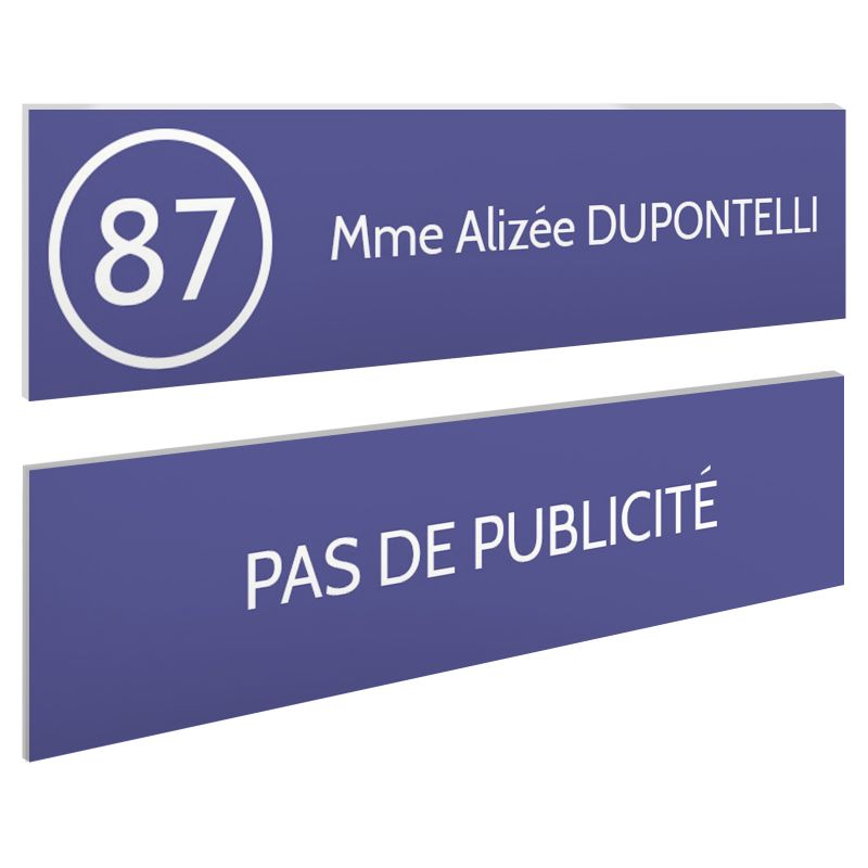 Plaque nom et numéro + Plaque Stop Pub pour boite aux lettres format 100x25mm violette lettres blanches - 1 ligne Plaque nom et numéro + Plaque Stop Pub pour boite aux lettres format 100x25mm violette lettres blanches - 1 ligne