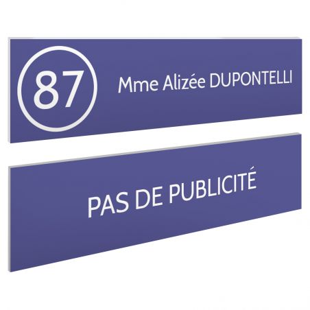 Plaque nom et numéro + Plaque Stop Pub pour boite aux lettres format 100x25mm violette lettres blanches - 1 ligne