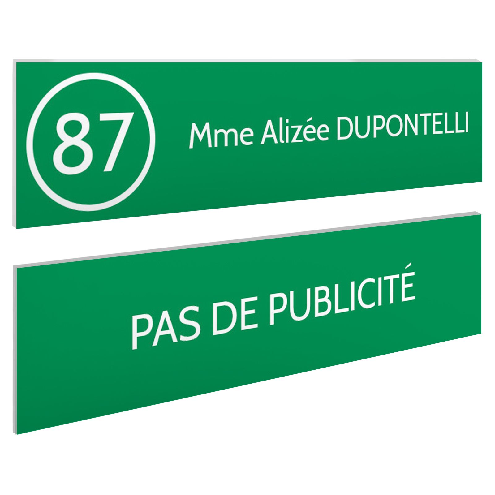 Plaque nom et numéro + Plaque Stop Pub boite aux lettres format 100x25mm vert pomme lettres blanches - 1 ligne