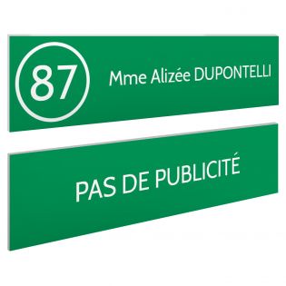 Plaque nom et numéro + Plaque Stop Pub boite aux lettres format 100x25mm vert pomme lettres blanches - 1 ligne