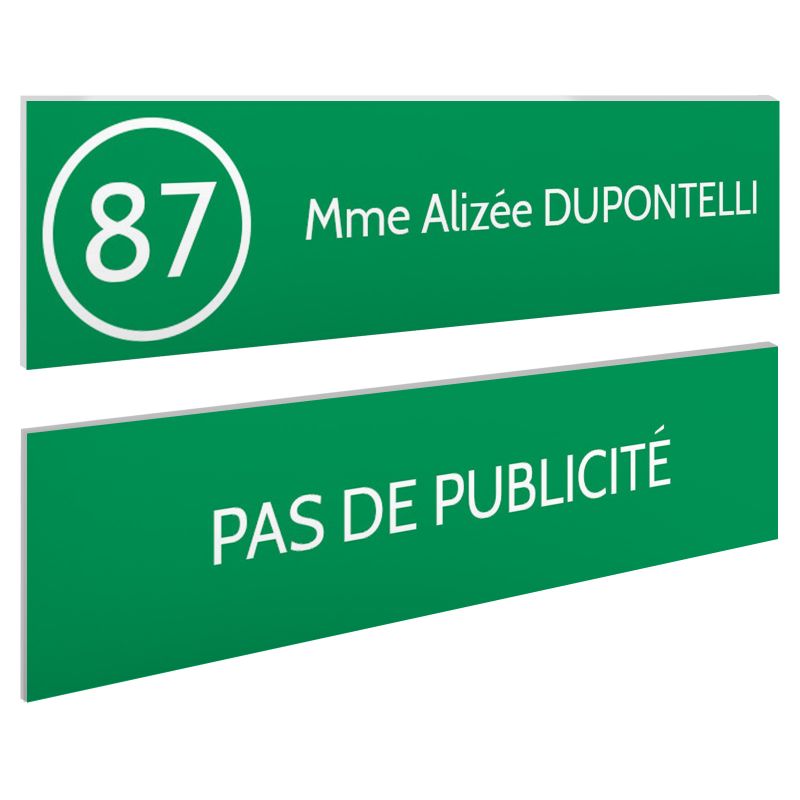 Plaque nom et numéro + Plaque Stop Pub boite aux lettres format 100x25mm vert pomme lettres blanches - 1 ligne Plaque nom et numéro + Plaque Stop Pub boite aux lettres format 100x25mm vert pomme lettres blanches - 1 ligne