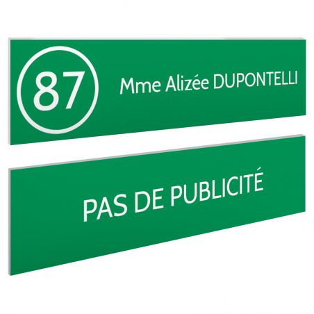Plaque nom et numéro + Plaque Stop Pub boite aux lettres format 100x25mm vert pomme lettres blanches - 1 ligne