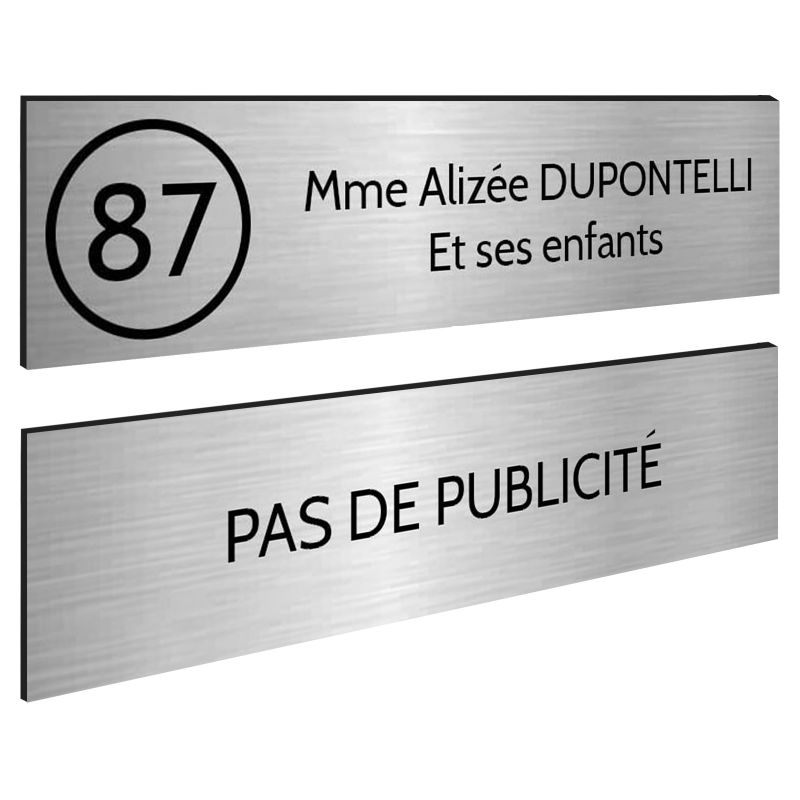 Plaque nom et numéro + Plaque Stop Pub pour boite aux lettres format 100x25mm argent lettres noires - 2 lignes Plaque nom et numéro + Plaque Stop Pub pour boite aux lettres format 100x25mm argent lettres noires - 2 lignes