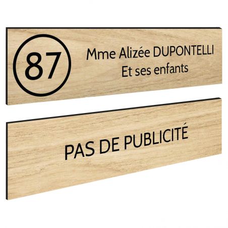 Plaque nom et numéro + Plaque Stop Pub boite aux lettres format 100x25mmeffet bois clair lettres noires - 2 lignes