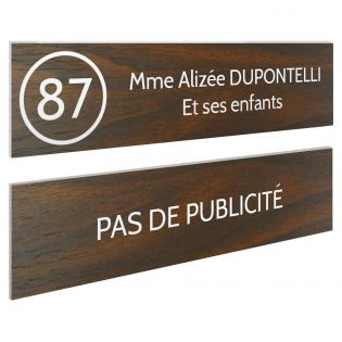 Plaque nom et numéro + Plaque Stop Pub boite aux lettres format 100x25mm effet bois foncé lettres blanches - 2 lignes