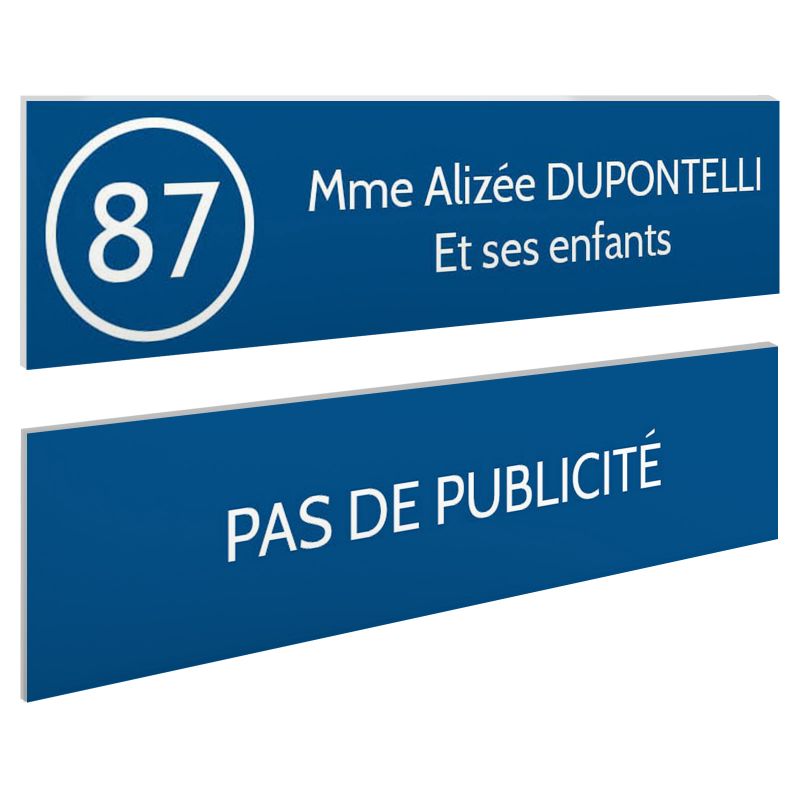 Plaque nom et numéro + Plaque Stop Pub pour boite aux lettres format 100x25mm bleue lettres blanches - 2 lignes Plaque nom et numéro + Plaque Stop Pub pour boite aux lettres format 100x25mm bleue lettres blanches - 2 lignes
