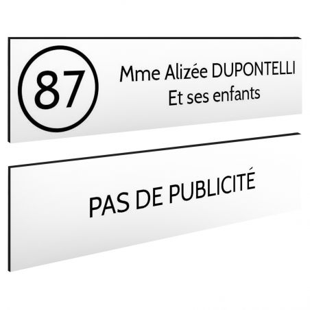 Plaque nom et numéro + Plaque Stop Pub pour boite aux lettres format 100x25mm blanche lettres noires - 2 lignes