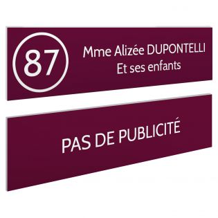 Plaque nom et numéro + Plaque Stop Pub pour boite aux lettres format 100x25mm bordeaux lettres blanches - 2 lignes