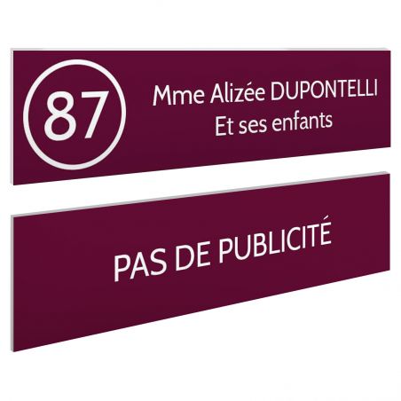 Plaque nom et numéro + Plaque Stop Pub pour boite aux lettres format 100x25mm bordeaux lettres blanches - 2 lignes