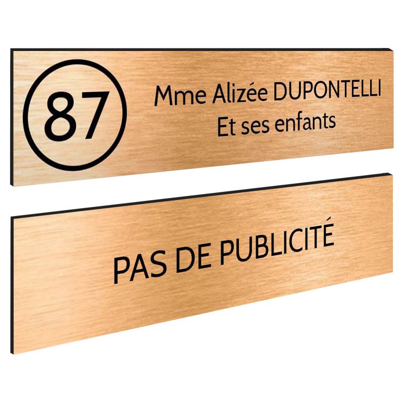 Plaque nom et numéro + Plaque Stop Pub pour boite aux lettres format 100x25mm cuivre lettres noires - 2 lignes Plaque nom et numéro + Plaque Stop Pub pour boite aux lettres format 100x25mm cuivre lettres noires - 2 lignes