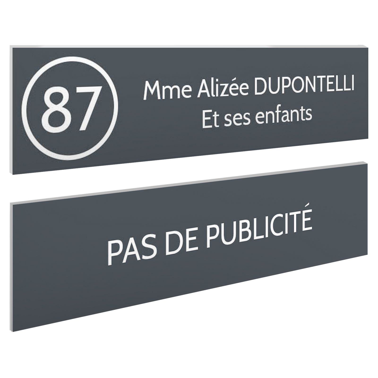 Plaque nom et numéro + Plaque Stop Pub pour boite aux lettres format 100x25mm grise lettres blanches - 2 lignes
