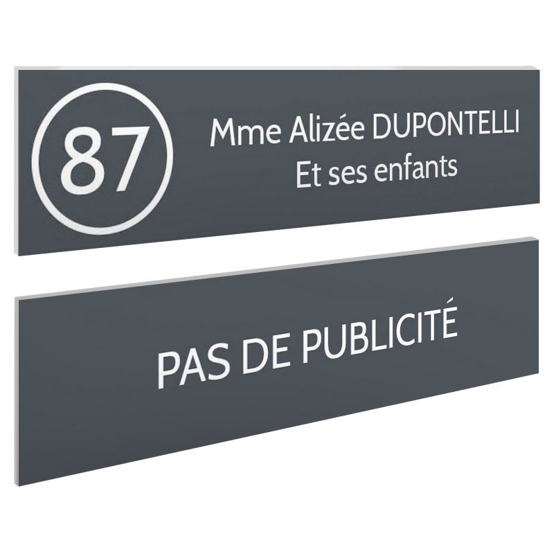 Plaque nom et numéro + Plaque Stop Pub pour boite aux lettres format 100x25mm grise lettres blanches - 2 lignes Plaque nom et numéro + Plaque Stop Pub pour boite aux lettres format 100x25mm grise lettres blanches - 2 lignes
