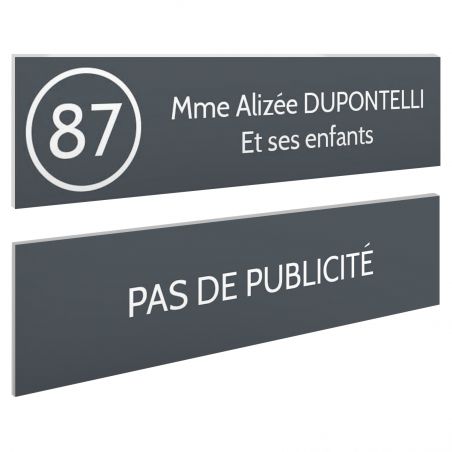 Plaque nom et numéro + Plaque Stop Pub pour boite aux lettres format 100x25mm grise lettres blanches - 2 lignes