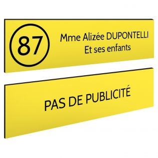 Plaque nom et numéro + Plaque Stop Pub pour boite aux lettres format 100x25mm jaune lettres noires - 2 lignes