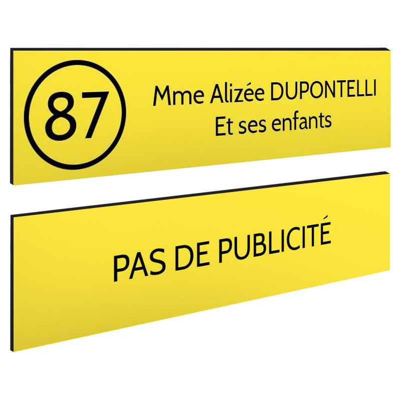 Plaque nom et numéro + Plaque Stop Pub pour boite aux lettres format 100x25mm jaune lettres noires - 2 lignes Plaque nom et numéro + Plaque Stop Pub pour boite aux lettres format 100x25mm jaune lettres noires - 2 lignes
