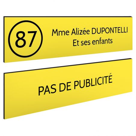 Plaque nom et numéro + Plaque Stop Pub pour boite aux lettres format 100x25mm jaune lettres noires - 2 lignes