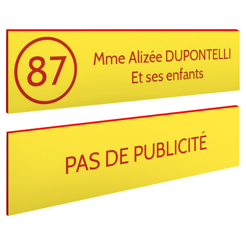 Plaque nom et numéro + Plaque Stop Pub pour boite aux lettres format 100x25mm Jaune lettres rouges - 2 lignes Plaque nom et numéro + Plaque Stop Pub pour boite aux lettres format 100x25mm Jaune lettres rouges - 2 lignes