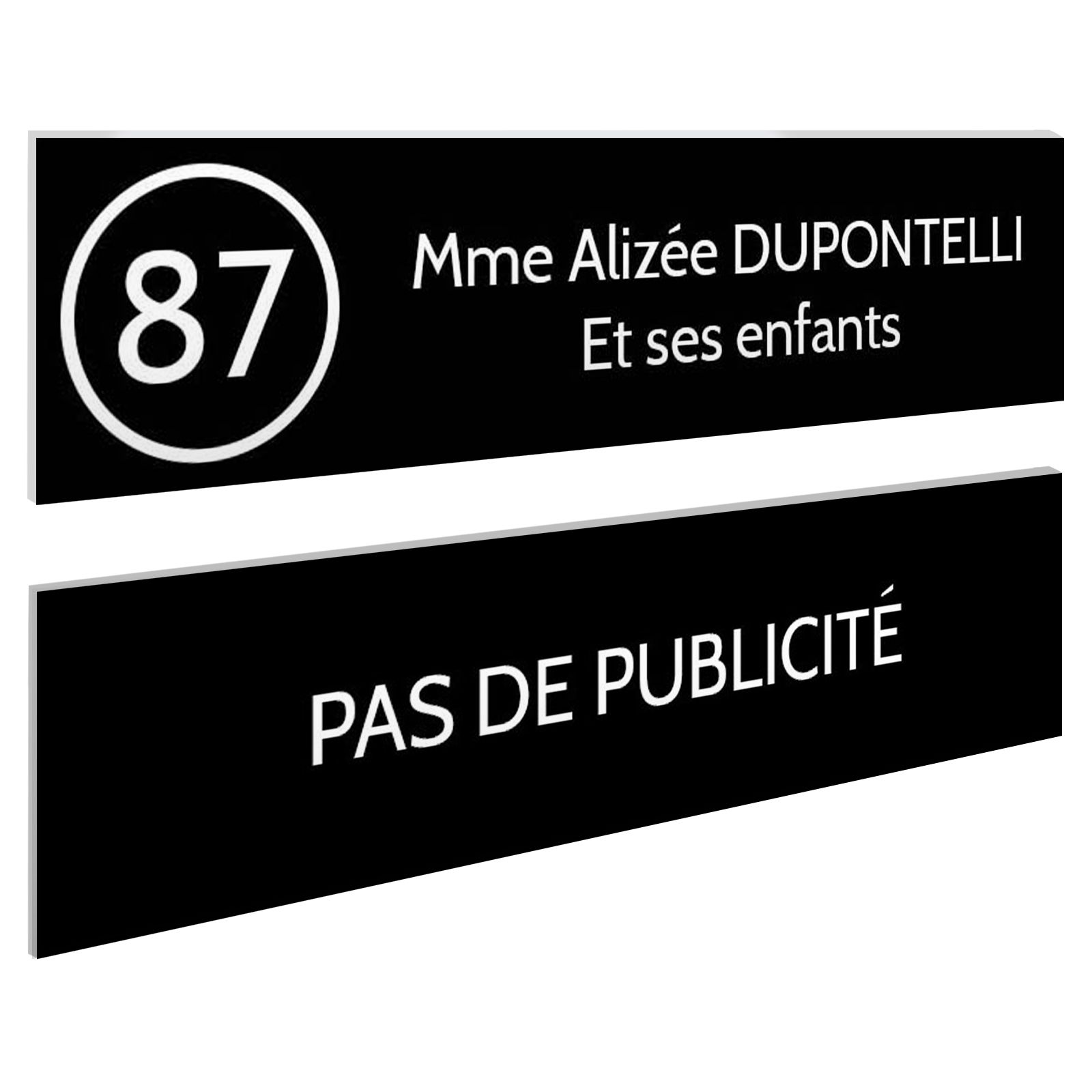 Plaque nom et numéro + Plaque Stop Pub pour boite aux lettres format 100x25mm noire lettres blanches - 2 lignes