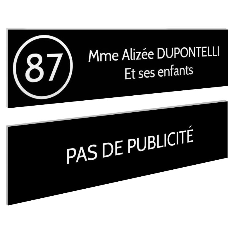 Plaque nom et numéro + Plaque Stop Pub pour boite aux lettres format 100x25mm noire lettres blanches - 2 lignes Plaque nom et numéro + Plaque Stop Pub pour boite aux lettres format 100x25mm noire lettres blanches - 2 lignes