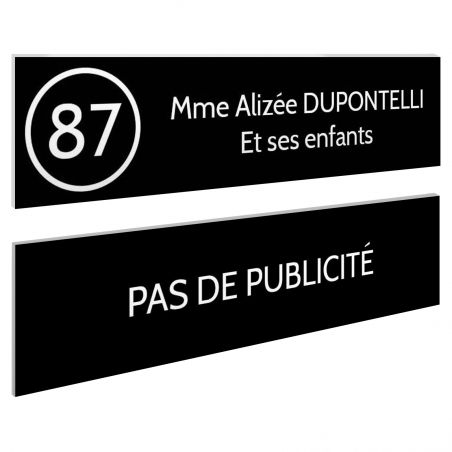 Plaque nom et numéro + Plaque Stop Pub pour boite aux lettres format 100x25mm noire lettres blanches - 2 lignes
