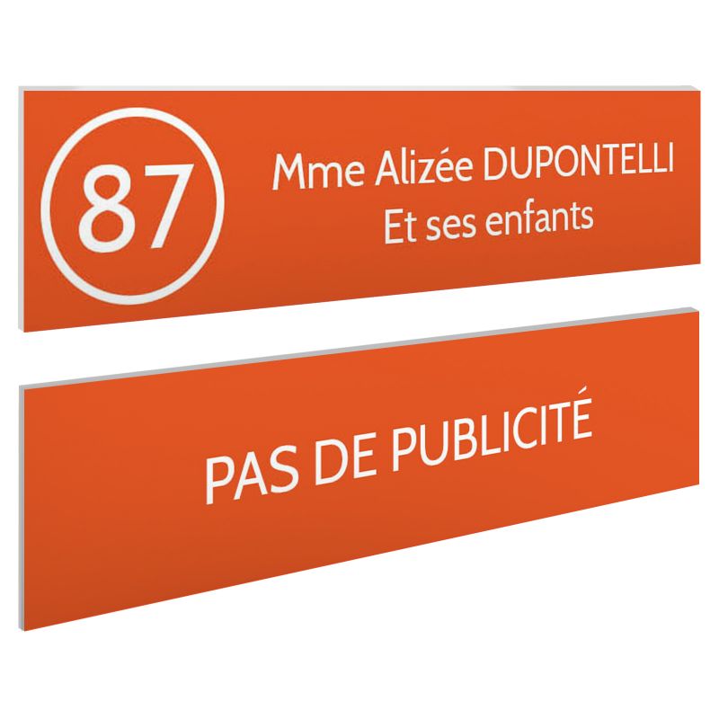 Plaque nom et numéro + Plaque Stop Pub pour boite aux lettres format 100x25mm orange lettres blanches - 2 lignes Plaque nom et numéro + Plaque Stop Pub pour boite aux lettres format 100x25mm orange lettres blanches - 2 lignes