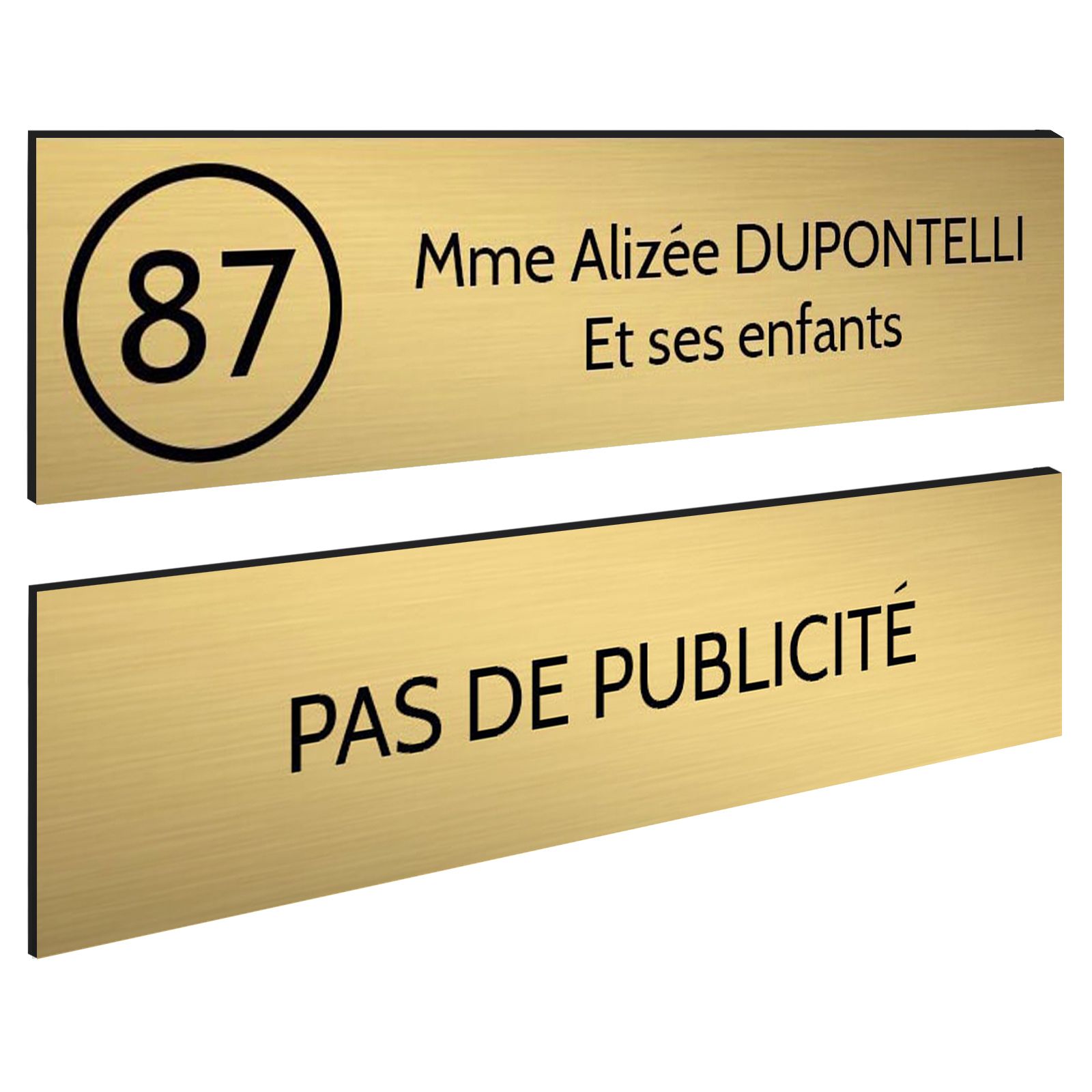 Plaque nom et numéro + Plaque Stop Pub pour boite aux lettres format 100x25mm or brossé lettres noires - 2 lignes
