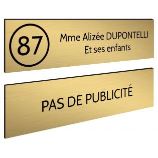 Plaque nom et numéro + Plaque Stop Pub pour boite aux lettres format 100x25mm or brossé lettres noires - 2 lignes