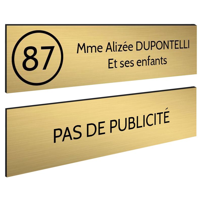 Plaque nom et numéro + Plaque Stop Pub pour boite aux lettres format 100x25mm or brossé lettres noires - 2 lignes Plaque nom et numéro + Plaque Stop Pub pour boite aux lettres format 100x25mm or brossé lettres noires - 2 lignes