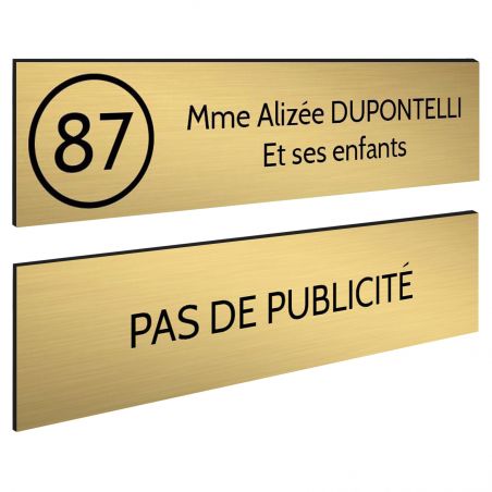 Plaque nom et numéro + Plaque Stop Pub pour boite aux lettres format 100x25mm or brossé lettres noires - 2 lignes