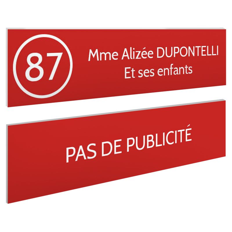 Plaque nom et numéro + Plaque Stop Pub pour boite aux lettres format 100x25mm rouge lettres blanches - 2 lignes Plaque nom et numéro + Plaque Stop Pub pour boite aux lettres format 100x25mm rouge lettres blanches - 2 lignes