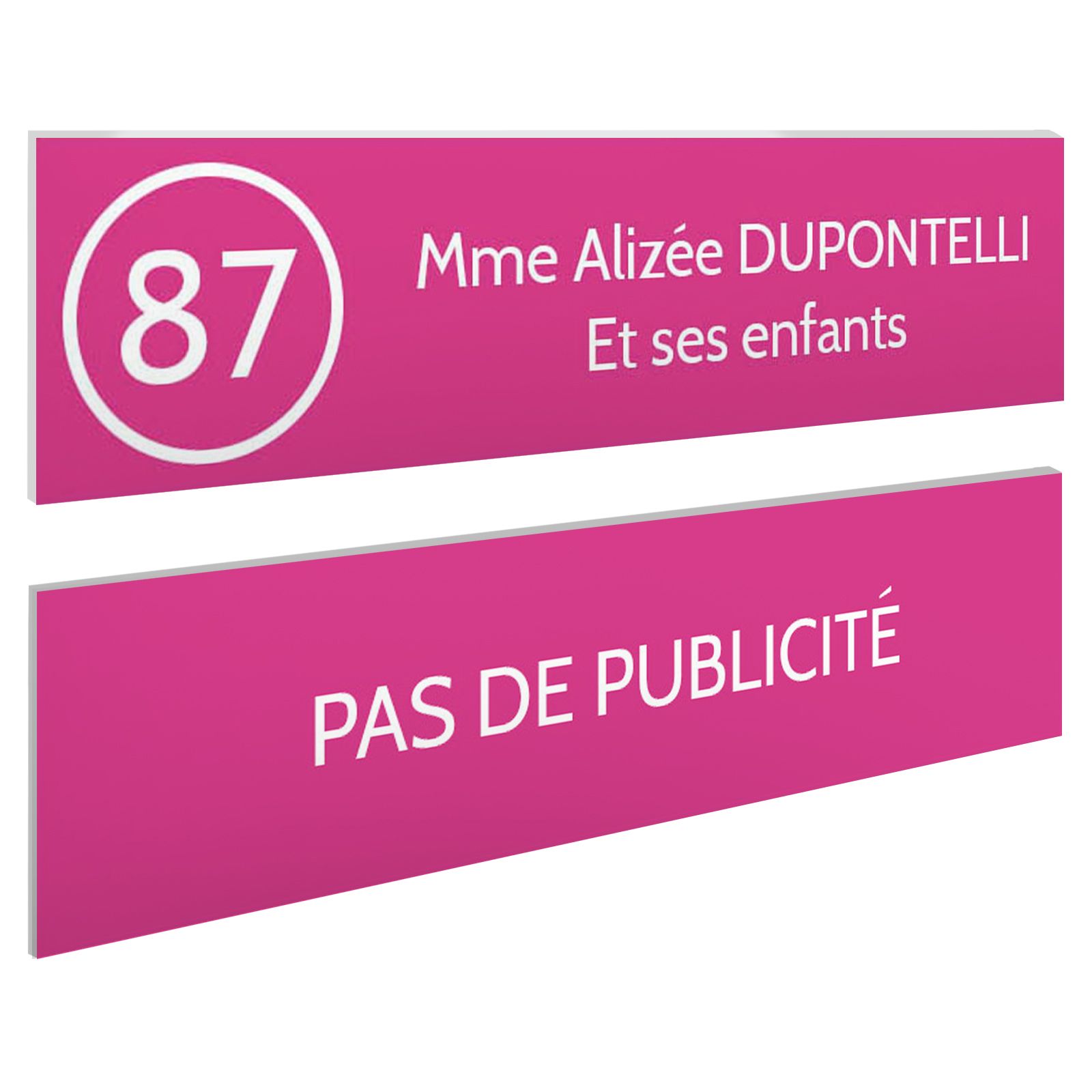 Plaque nom et numéro + Plaque Stop Pub pour boite aux lettres format 100x25mm rose lettres blanches - 2 lignes
