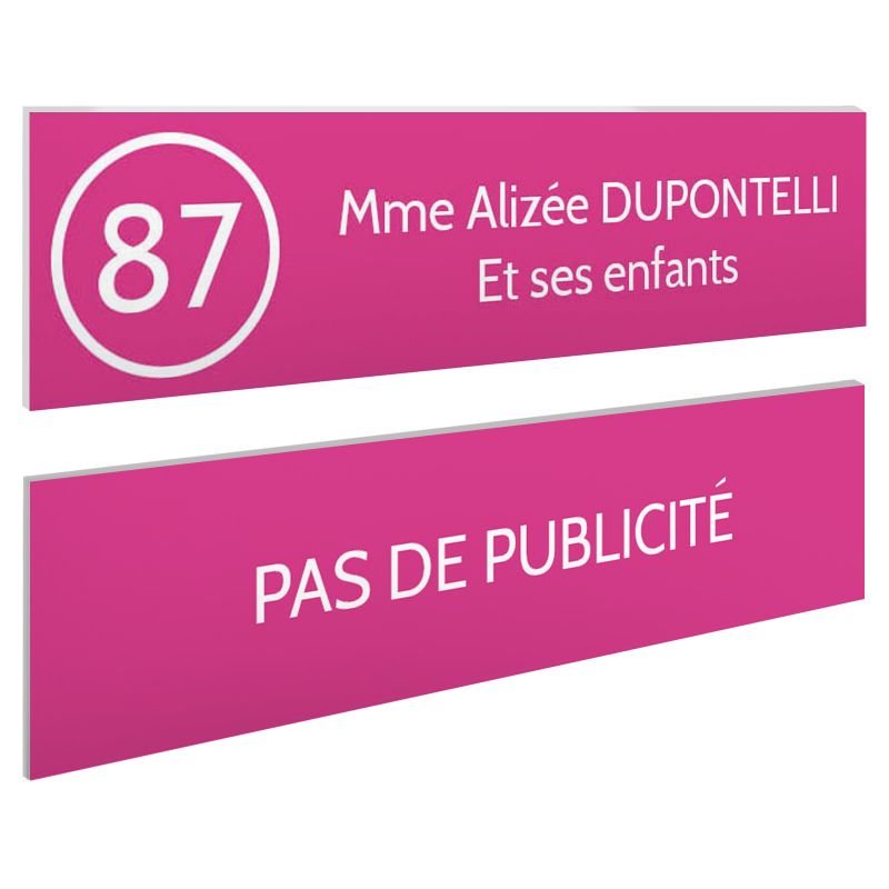 Plaque nom et numéro + Plaque Stop Pub pour boite aux lettres format 100x25mm rose lettres blanches - 2 lignes Plaque nom et numéro + Plaque Stop Pub pour boite aux lettres format 100x25mm rose lettres blanches - 2 lignes