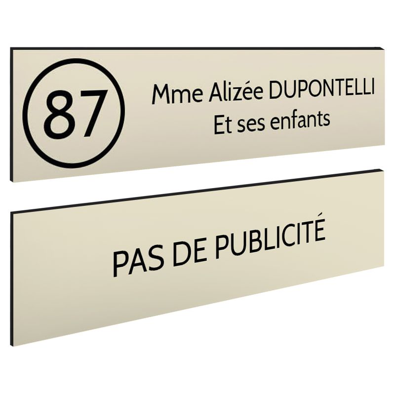 Plaque nom et numéro + Plaque Stop Pub pour boite aux lettres format 100x25mm beige lettres noires - 2 lignes Plaque nom et numéro + Plaque Stop Pub pour boite aux lettres format 100x25mm beige lettres noires - 2 lignes