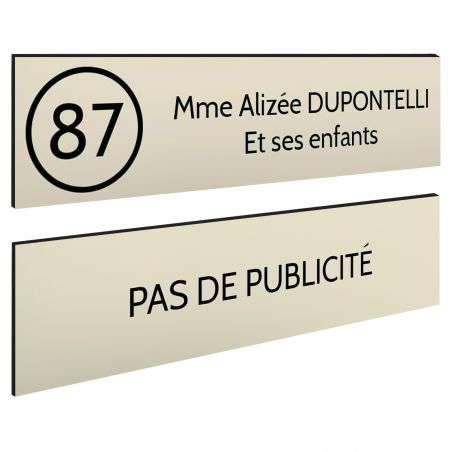 Plaque nom et numéro + Plaque Stop Pub pour boite aux lettres format 100x25mm beige lettres noires - 2 lignes