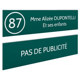 Plaque nom et numéro + Plaque Stop Pub pour boite aux lettres format 100x25mm vert foncé lettres blanches 2 lignes