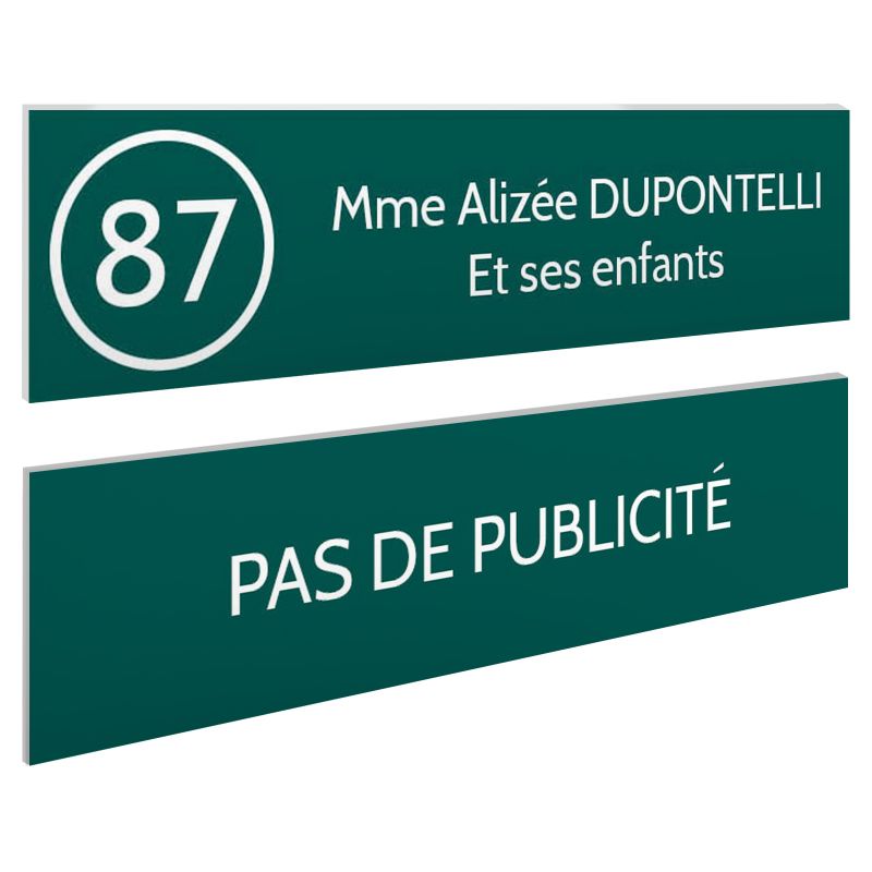 Plaque nom et numéro + Plaque Stop Pub pour boite aux lettres format 100x25mm vert foncé lettres blanches 2 lignes Plaque nom et numéro + Plaque Stop Pub pour boite aux lettres format 100x25mm vert foncé lettres blanches 2 lignes