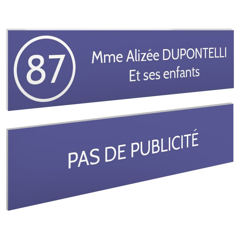 Plaque nom et numéro + Plaque Stop Pub pour boite aux lettres format 100x25mm violette lettres blanches - 2 lignes Plaque nom et numéro + Plaque Stop Pub pour boite aux lettres format 100x25mm violette lettres blanches - 2 lignes