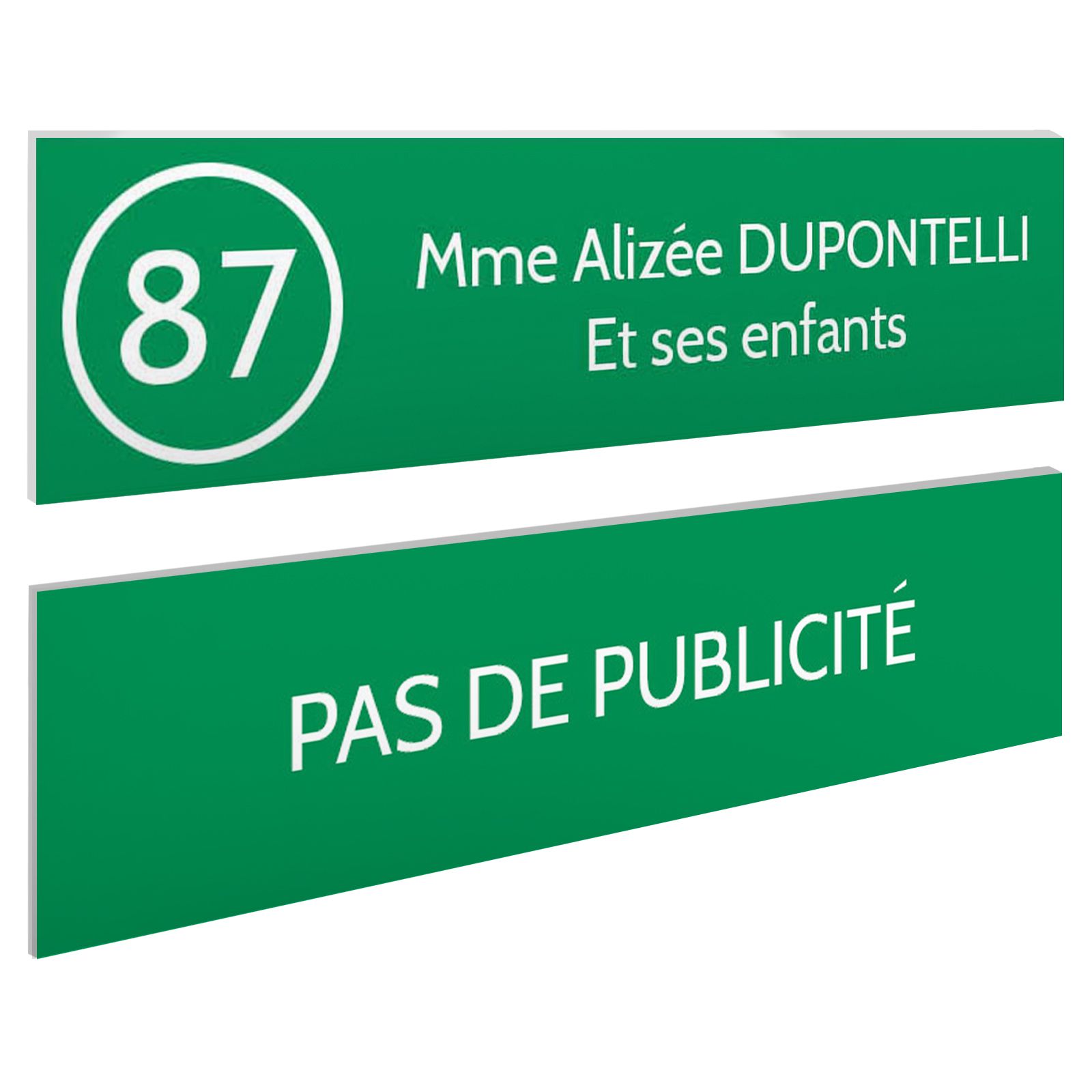 Plaque nom et numéro + Plaque Stop Pub boite aux lettres format 100x25mm vert pomme lettres blanches - 2 lignes