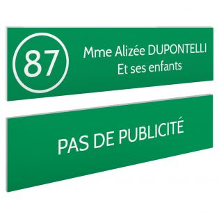 Plaque nom et numéro + Plaque Stop Pub boite aux lettres format 100x25mm vert pomme lettres blanches - 2 lignes