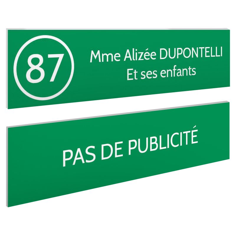 Plaque nom et numéro + Plaque Stop Pub boite aux lettres format 100x25mm vert pomme lettres blanches - 2 lignes Plaque nom et numéro + Plaque Stop Pub boite aux lettres format 100x25mm vert pomme lettres blanches - 2 lignes