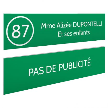 Plaque nom et numéro + Plaque Stop Pub boite aux lettres format 100x25mm vert pomme lettres blanches - 2 lignes