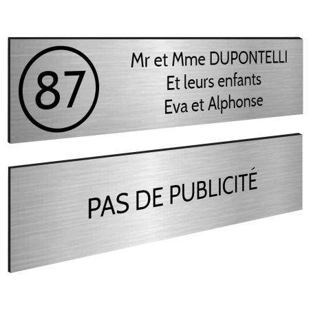 Plaque nom et numéro + Plaque Stop Pub pour boite aux lettres format 100x25mm argent lettres noires - 3 lignes