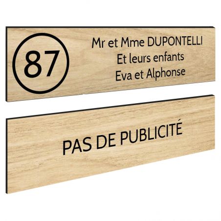 Plaque nom et numéro + Plaque Stop Pub boite aux lettres format 100x25mmeffet bois clair lettres noires - 3 lignes