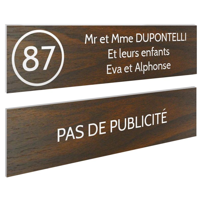 Plaque nom et numéro + Plaque Stop Pub boite aux lettres format 100x25mm effet bois foncé lettres blanches - 3 lignes Plaque nom et numéro + Plaque Stop Pub boite aux lettres format 100x25mm effet bois foncé lettres blanches - 3 lignes