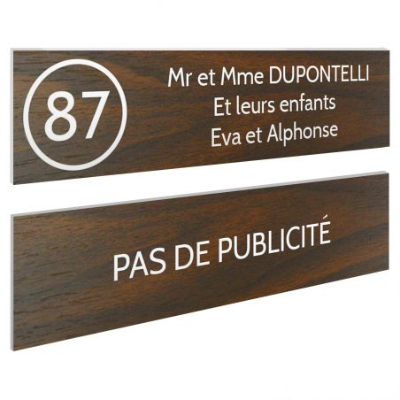 Plaque nom et numéro + Plaque Stop Pub boite aux lettres format 100x25mm effet bois foncé lettres blanches - 3 lignes