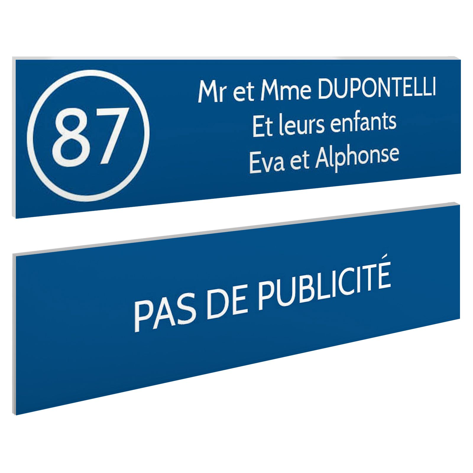 Plaque nom et numéro + Plaque Stop Pub pour boite aux lettres format 100x25mm bleue lettres blanches - 3 lignes